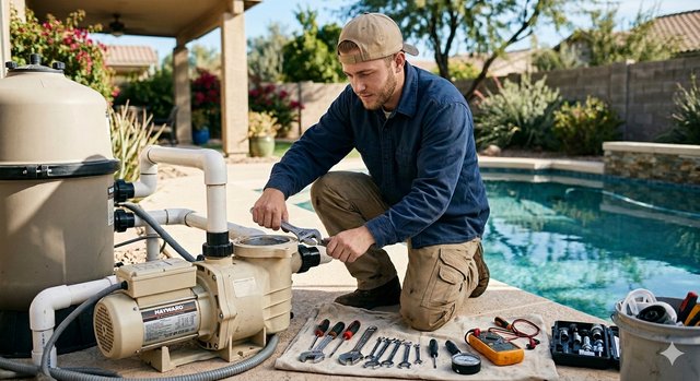 Pool technican repairing a pool pump