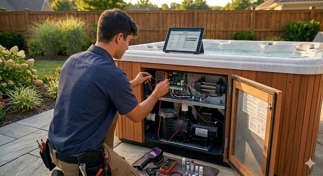 Spa technican repairing a hot tub