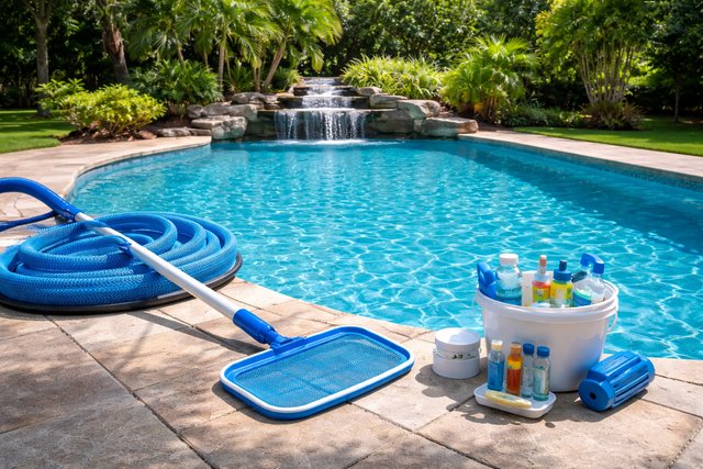Water test kit next to a clean and clear pool