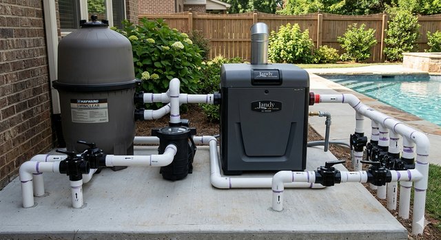 Pool equipment including pump, filter, and heater
